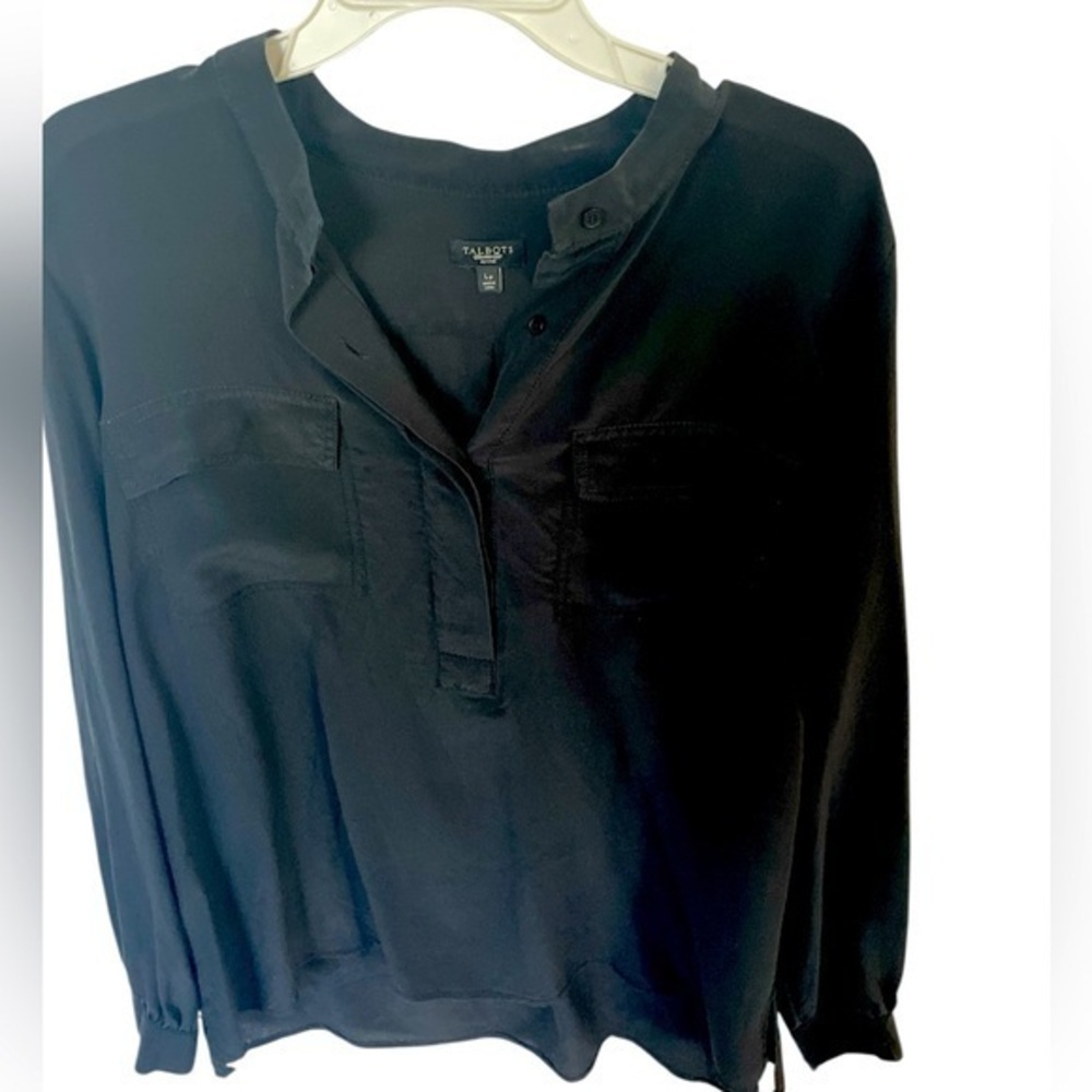 Talbots Black Buttoned Mandarin Collar Silk front pocket Blouse LP